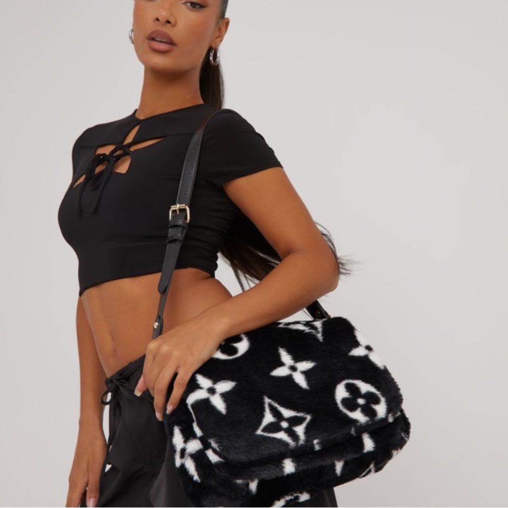 EGO Printed Oversized Shoulder Bag in Black and White Faux Fur
